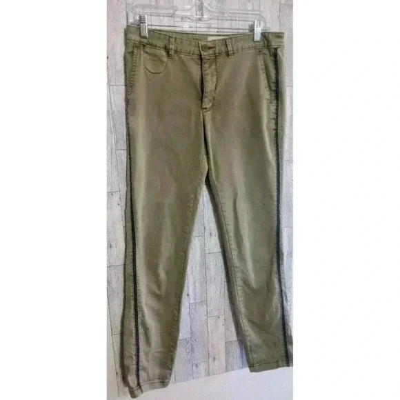 Anthropologie Chino Pants Embroidered Side Stripe Straight Leg Olive Green Sz 27 - Picture 4 of 9